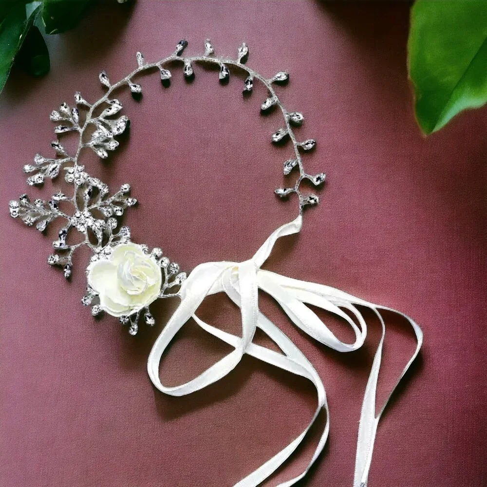 INC Silver-Tone Crystal Floral Ribbon Hairband